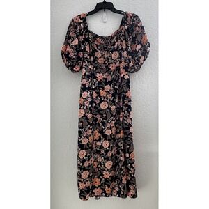 Old Navy Square Neck Maxi Dress Womens S Navy Floral Smocked‎ Puff Sleeve Boho